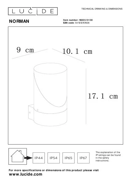 Lucide NORMAN - Applique murale Intérieur/Extérieur - Ø 9 cm - 1xE27 - IP65 - Noir - technique